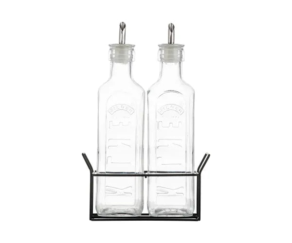 2 OIL BOTTLES & METAL STAND