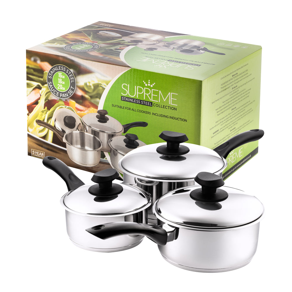 Supreme
3pc Stainless Steel Sauce Pan Set (16/18/20cm)