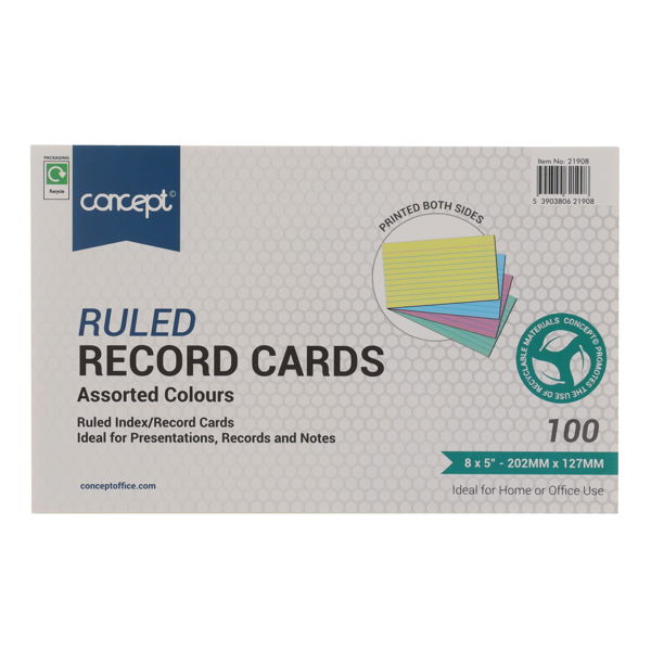Record Cards 8X5 Coloured Lined