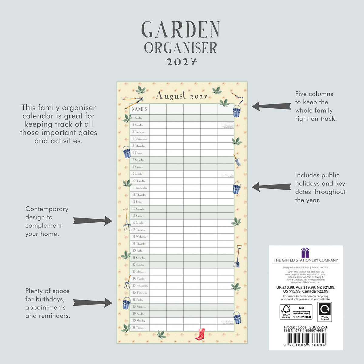 2027 Calendar Garden Organiser