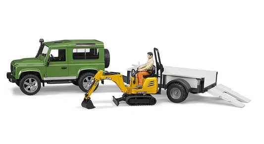 Land Rover Defender with trailer, JCB excavator and man