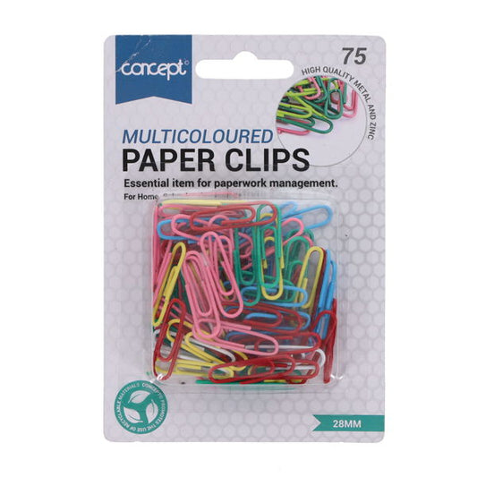 Concept 75pk Multicoloured Paper Clips 28mm