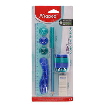 A packaged stationery set by Maped, including a blue and white ruler, pencil, pencil sharpener, and eraser, labeled for school stationery use.