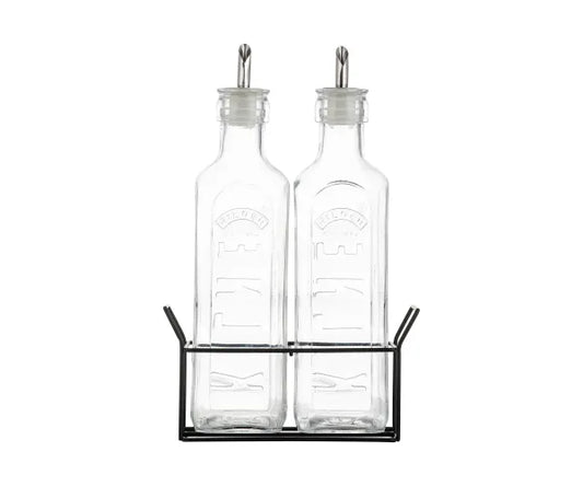 2 OIL BOTTLES & METAL STAND