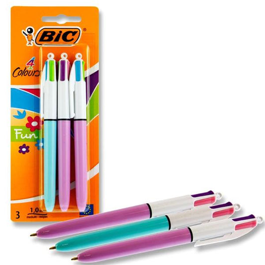 BIC 4 Colour Ballpoint Pens 3pk Fun Designs