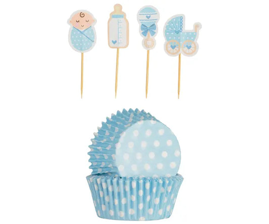 48 Vintage Baby Boy Cupcake Case & Toppers