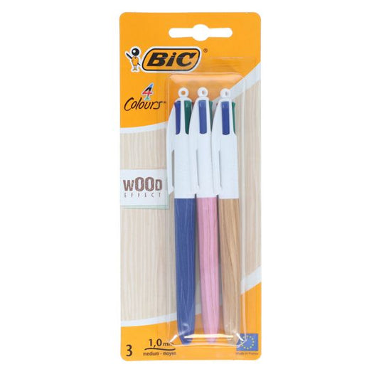 BIC 4 Colour Ballpoint Pen 3pk Wood Effect