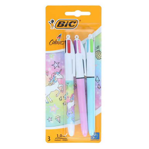 BIC 4 Colour Ballpoint Pen 3pk Unicorn Pastel