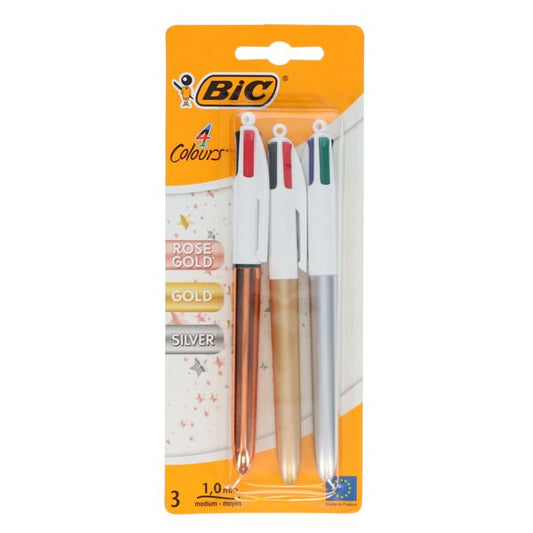 BIc 4 Colour Ballpoint Pen 3pk Metallic