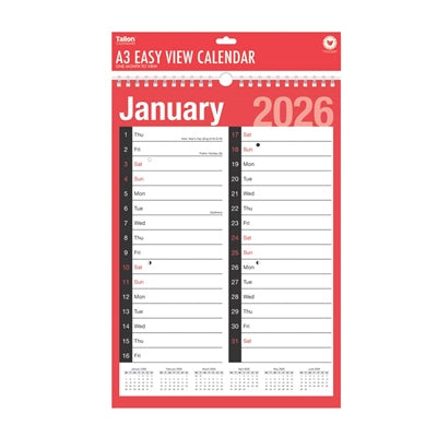 2026 Calendar A3 Easy View
