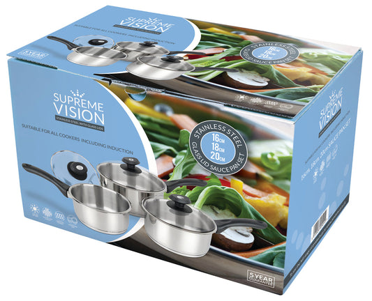 3pc Stainless Steel Saucepan Set 16/18/20cm
