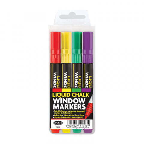 County Liquid Chalk Markers 4pk Assorted Primary Colours