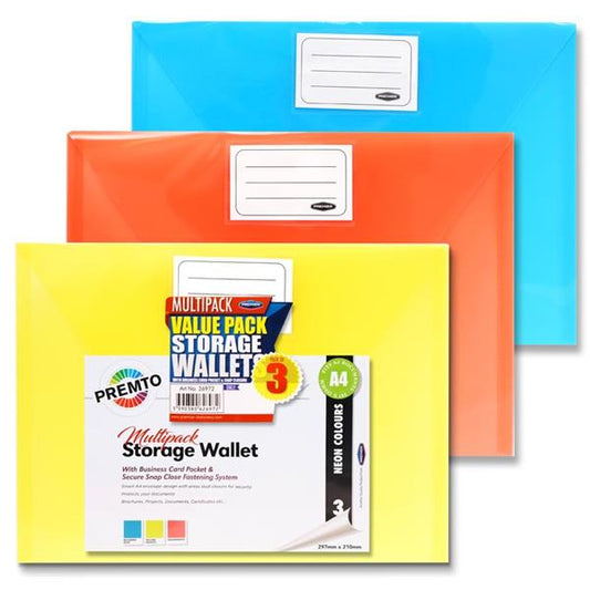 Neon 3pk A4 Button Document Wallets