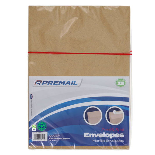 Premail C5 Peel & Seal Envelopes 25pk Manilla
