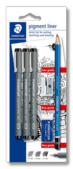 Staedtler Pigment Liner Set Pens 0.3 0.5 0.7mm & 2B Pencil