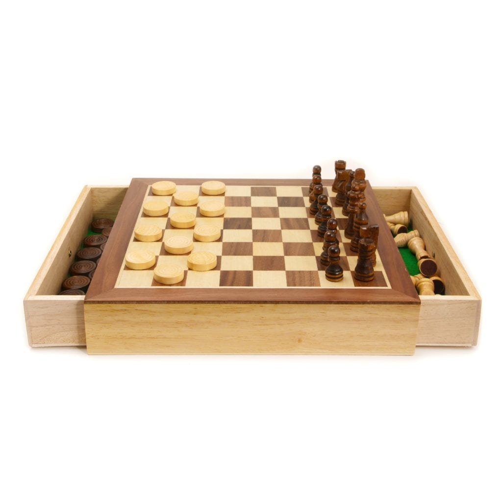 WOODEN CHESS AND DRAUGHTS SET