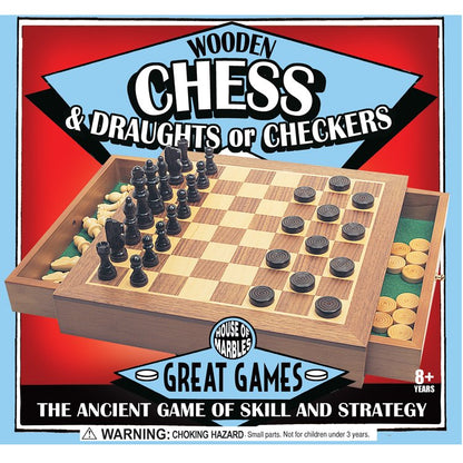 WOODEN CHESS AND DRAUGHTS SET