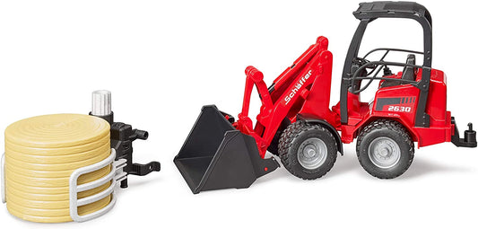 BRUDER SCHAFFER COMPACT LOADER 2034 W/BALE GRIPPER & 1 ROUND BALE